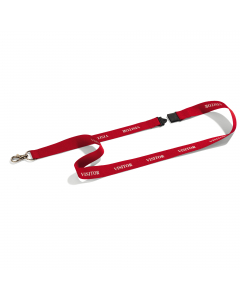 Cordoncino in tessuto con stampa bianca VISITOR con sgancio di sicurezza antisoffocamento e moschettone portabadge. Lunghezza 44cm, larghezza 2cm.
