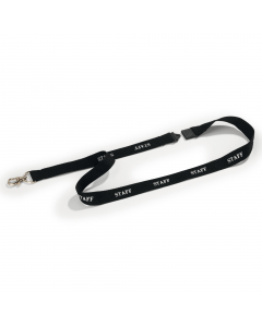 Cordoncino in tessuto con stampa bianca STAFF con sgancio di sicurezza antisoffocamento e moschettone portabadge. Lunghezza 44cm, larghezza 2cm.