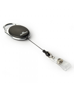 Chiocciola YO-YO ovale realizzata in metallo cromato con gancio integrato nella chiocciola. Consente un facile e veloce accesso a tutti i portanome e portabadge con foro di aggancio. Dotato di fascetta trasparente con bottone a pressione. Lunghezza filo r