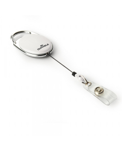 Chiocciola YO-YO ovale realizzata in metallo cromato con gancio integrato nella chiocciola. Consente un facile e veloce accesso a tutti i portanome e portabadge con foro di aggancio. Dotato di fascetta trasparente con bottone a pressione. Lunghezza filo r