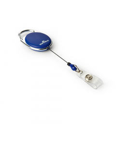 Chiocciola YO-YO ovale realizzata in metallo cromato con gancio integrato nella chiocciola. Consente un facile e veloce accesso a tutti i portanome e portabadge con foro di aggancio. Dotato di fascetta trasparente con bottone a pressione. Lunghezza filo r