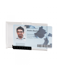 Elegante portabadge con comparti separati per contenere e proteggere 1 tessera formato 54x87mm. Utilizzabile sia in posizione orizzontale sia verticale. Perfetto per proteggere tessere con chip RFID e con banda magnetica. Levette scorrevoli per una facile