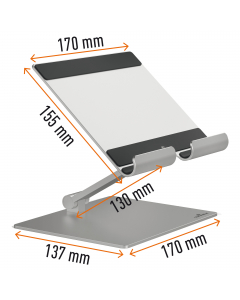 Supporto universale regolabile per  tablet e smartphone fino a 13" (fino a 1 kg). Altezza e angolo di lettura personalizzabili per un posizionamento ergonomico del dispositivo, ideale anche per la scrittura o il disegno. Elevata stabilità per lavorare in 