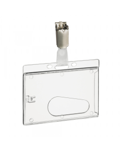 Portabadge in rigido polistirene crystal clear di alta qualità, dotato di asola sulla parte frontale per facilitare la rimozione del badge e di un fermo interno per mantenere in posizione il badge inserito. Fornito di clip in metallo orientabile con prote