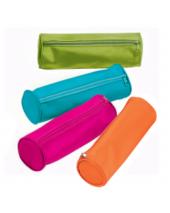 Astuccio con cerniera colorata in nylon resistente e leggermente satinato con bordo rinforzato. L'interno è foderato per una maggiore resistenza allo strappo. Colori assortiti: arancione, viola, verde chiaro, azzurro e rosa.