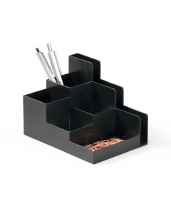 Desk organizer dal design solido e robusto. Dotato di 6 scomparti di diverse dimensioni di cui uno per le buste. Le diverse dimensioni degli scomparti sono adatti a contenere in modo pratico penne, forbici,fermagli, ecc, aiutando così nell'organizzazione 