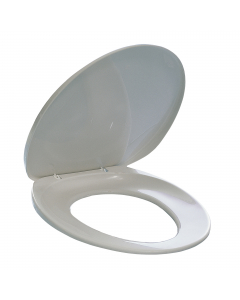 In polipropilene (comprese le cerniere) dotato di fissaggi regolabili per adattarsi alla maggior parte dei water (distanza fori da 8,5 a 17,5cm). Colore bianco.