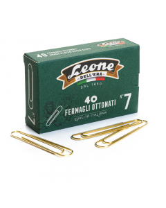 Fermagli ottonati antiruggine supergiganti in scatolina di cartone. Lunghezza 75mm. Confezione da 10 scatoline da 40 fermagli.