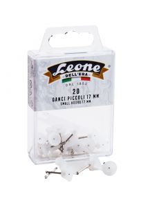Scatola blister appendibile contenente 20 ganci trasparenti portaquadri con spilli Leone assortiti da 17mm di lunghezza