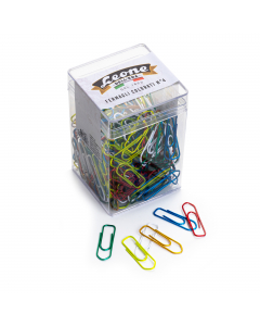 Scatola in plastica trasparente contenente fermagli antiruggine colorati ricoperti con vernici metallizzate per unÆ eccezionale protezione alla corrosione e per permettere lo scorrimento sulla carta senza strappi. Colori assortiti vivaci e metallizzati. C