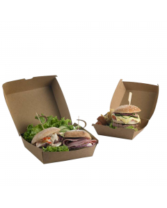 Hamburger Box, monouso in KRAFT/PE. Dimensioni: 16x16x9h cm, capacità 900ml. Colore: avana. Materiale: Poliaccoppiato Carta kraft e PE. Adatto al contatto con alimenti caldi (70°C per 2 ore), freddi, solidi e liquidi. Il prodotto non può essere utilizzato