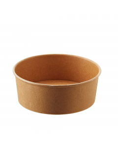 Insalatiera monouso da 750ml - Ø15x6hcm. Colore avana. Materiale: Poliaccoppiato Carta kraft+pe. Prodotto idoneo al contatto con bevande calde e fredde. Non adatto all'utilizzo unitamente con l'alimento nel forno tradizionale e forno a microonde. Coperchi