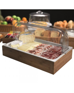 Set espositore buffet 53x32cm completo di 5 pezzi: base acacia, vassoio melamina, coperchio e 2 basi refrigeranti. Colore naturale.