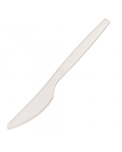 Coltello  realizzato in CPLA , ovvero PLA Cristallizzato, polimero derivato del mais resistente fino a 85°C. Biodegradabile e compostabile secondo norma EN13432. 
• Dimensioni : 16 cm
• Peso unitario: 4.5 gr
• Colore: bianco