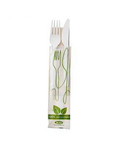 Bis Coltello e forchetta realizzati in CPLA , ovvero PLA Cristallizzato, polimero derivato del mais resistente fino a 85°C. Biodegradabile e compostabile secondo norma EN13432. 
• Dimensioni : posate 16 cm; tovagliolo: 33x33 
• Peso unitario: 4 gr
• Color