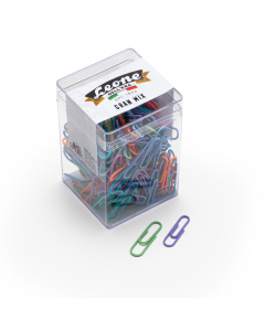 Scatola in plastica trasparente con assortimento di fermagli colorati rivestiti in pvc (circa 275 pezzi) in 2  diverse misure (n.3-n.4)