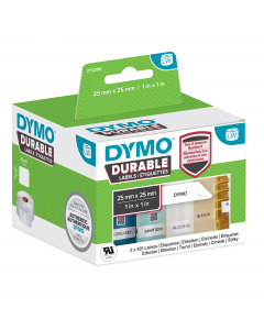 Rotolo di etichette permanenti LabelWriterTM DURABLE INDUSTRIAL in carta bianca multiuso 25x25mm (850et x rotolo). Utilizzabili con le stampanti per etichette LABELWRITER : sono caratterizzate da un adesivo per uso industriale e sono resistenti allo scolo