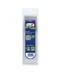 Posata in PS REUSE. Colore: trasparente. Confezione da 20 pezzi. Materiale: Polistirene. Riciclabile 100%. Riutilizzabile, testato per 20 lavaggi.  Max 90°C per 15 minuti. Non adatto all'uso nel forno.