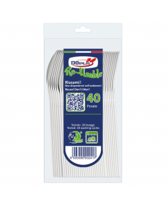 Posata in PS REUSE. Colore: trasparente. Confezione da 20 pezzi. Materiale: Polistirene. Riciclabile 100%. Riutilizzabile, testato per 20 lavaggi.  Max 90°C per 15 minuti. Non adatto all'uso nel forno.