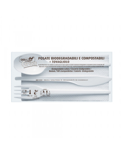 Tris posate (coltello, forchetta e cucchiaio) di colore avorio in Estabio compostabile e biodegradabile in conformità alla norma EN 13432.   Per alimenti Max 70°C. 
•  Lunghezza posate 180mm
• Tovagliolo a 2 veli 33x33cm
• Compostabili e biodegradabili