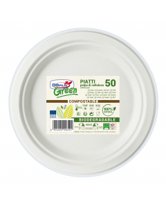 Piatti bianchi realizzati in polpa di cellulosa, compostabile e biodegradabile in conformità alla norma EN 13432. Idonei per essere usati in microonde (max 800w per 2'), in forno (max 90°C per 15') e in congelatore. Idonei al contatto con gli alimenti. 
•