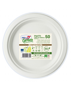 Piatti bianchi realizzati in polpa di cellulosa, compostabile e biodegradabile in conformità alla norma EN 13432. Idonei per essere usati in microonde (max 800w per 2'), in forno (max 90°C per 15') e in congelatore. Idonei al contatto con gli alimenti. 
