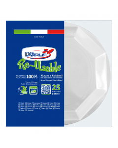 Piatti fondi in PS REUSE. Diametro 220mm. Colore: bianco. Riciclabile 100%. Riutilizzabile, testato per 20 lavaggi. 
 Articolo escluiso da SUP