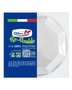 Piatti da frutta in PS REUSE. Diametro 170mm. Colore: bianco. Riciclabile 100%. Riutilizzabile, testato per 20 lavaggi in lavastoviglie. Max 90°C per 15' - No forni.  Articolo escluso da SUP.