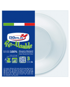 Insalatiera in PS REUSE. Capacità 2lt. Colore: bianco. Confezione da 3 pezzi. Materiale: Polistirene. Riciclabile 100%. Riutilizzabile, testato per 20 lavaggi.  Max 90°C per 15 minuti. Non adatto all'uso nel forno.