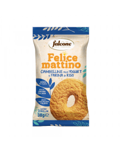 Ciambelline di farina di riso di ottima qualità e lo yogurt fresco e cremoso in pratica monoporzione da 2 biscotti (38 gr).