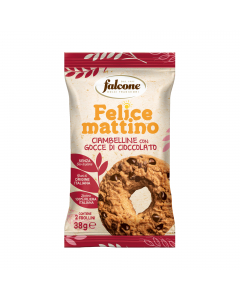 Ciambelline di frolla fragrante con gocce di cioccolato in pratica monoporzione da 2 biscotti (38 gr).