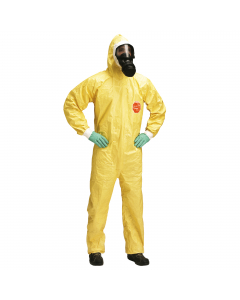 Tuta in Tychem® per un'ottima protezione su differenti prodotti chimici. Con cappuccio, apertura elasticizzata attorno al viso e patta adesiva al mento per un’aderenza perfetta del respiratore. Cuciture rinforzate e nastrate, doppia patta autoadesiva, cop