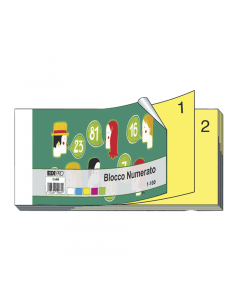 Blocco numerato 1-100 (matrice+figlia). Formato 130x60mm. Confezione monocolore.