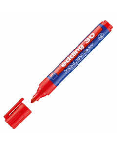 Marcatore indelebile brillante universale specialmente studiato per scrivere su carta e cartone, ma idoneo anche per scrivere su plastica, metallo e vetro. Inchiostro pigmentato a base d'acqua che non passa la carta. Punta tonda 1,5-3,0mm. Colore: rosso.