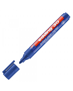 Marcatore indelebile brillante universale specialmente studiato per scrivere su carta e cartone, ma idoneo anche per scrivere su plastica, metallo e vetro. Inchiostro pigmentato a base d'acqua che non passa la carta. Punta tonda 1,5-3,0mm. Colore: blu.