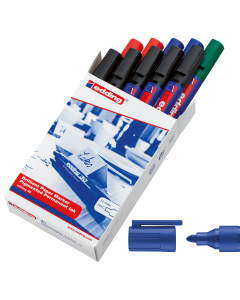 Scatola 10 colori assortiti. Marcatore indelebile brillante universale specialmente studiato per scrivere su carta e cartone, ma idoneo anche per scrivere su plastica, metallo e vetro. Inchiostro pigmentato a base d'acqua che non passa la carta. Punta ton