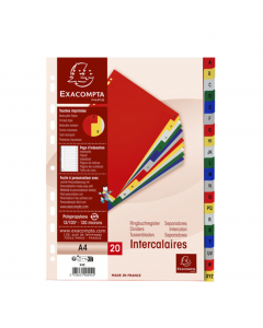 Divisori con 20 tasti alfabetici A-Z, ideale per organizzare e archiviare informazioni importanti, appunti o documenti scolastici, per l'uso a casa, a scuola o in ufficio. Polipropilene colorato 120 micron. Frontespizio stampabile per identificazione del 
