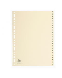 MARCHIO: Exacompta

MATERIALE : Cartoncino

SPESSORE : 2/10E

GRAMMATURA : 155G/M2

COLORI : Avorio

FORMATO ESTERNO : 22,5x29,7 cm

PER FORMATO : A4

TIPO DI PRODOTTO : Intercalari

TIPO : Alfabetico
NUMERO POSIZIONI : 24

TASTI : AZ 24 tasti