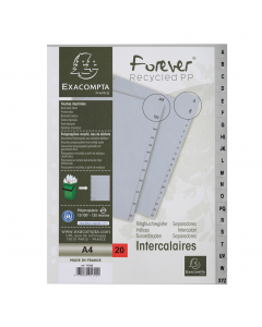 MARCHIO : Exacompta

MATERIALE : Ppl

SPESSORE : 12/100E

COLORI : Grigio

FORMATO ESTERNO : 22,5x29,7 cm

FORMATO : A4

TIPO DI PRODOTTO : Intercalari

TIPO : Alfabetico

NUMERO POSIZIONI : 20

TASTI : AZ 20 tasti