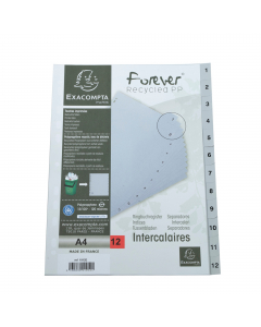 MARCHIO : Exacompta

MATERIALE : Ppl

SPESSORE : 12/100E

COLORI : Grigio

FORMATO ESTERNO : 22,5x29,7 cm
FORMATO : A4

TIPO DI PRODOTTO : Intercalari

TIPO : Numerico

NUMERO POSIZIONI : 12