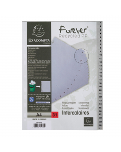 MARCHIO : Exacompta

MATERIALE : Ppl

SPESSORE : 12/100E

COLORI : Grigio

FORMATO ESTERNO : 22,5x29,7 cm
FORMATO : A4

TIPO DI PRODOTTO : Intercalari

TIPO : Numerico

NUMERO POSIZIONI : 31
