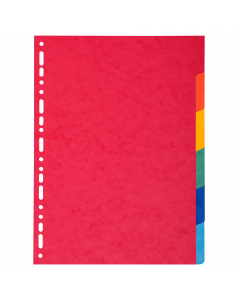 Divisori in cartoncino riciclato (certificazione Blue Angel) da 220 gr. Dotati di 6 tasti neutri colorati (colori assortiti). Perforazione universale. Formato esterno: 22,5x29,7 cm.