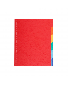 Divisori in cartoncino riciclato (certificazione Blue Angel) da 220 gr. Dotati di 6 tasti neutri colorati (colori assortiti). Perforazione universale. Formato esterno: 24,2x29,7 cm.