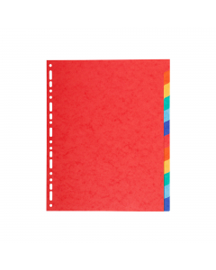 Divisori in cartoncino riciclato (certificazione Blue Angel) da 220 gr. Dotati di 12 tasti neutri colorati (colori assortiti). Perforazione universale. Formato esterno: 24,2x29,7 cm.