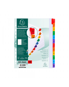 Intercalari numerici (1-12) in cartoncino bianco da 160 gr. Dotati di 12 tacche multicolore plastificate. Indice frontale stampabile. Foratura universale. Banda di perforazione e tasti rinforzati. Formato esterno: 24,5x29,7 cm.