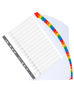 Intercalari numerici (1-31) in cartoncino bianco da 160 gr. Dotati di 31 tacche multicolore plastificate. Indice frontale stampabile. Foratura universale. Banda di perforazione e tasti rinforzati. Formato esterno: 24,5x29,7 cm.