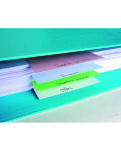 Divisori orizzontali in cartoncino riciclato (certificazione Blue Angel) da 180 gr. Dotati di 2 fori e forniti in 4 colori assortiti. Formato: 10,5x24 cm.