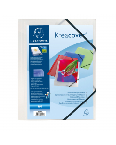 Cartellette 3 lembi con elastici di chiusura  
Ppl traslucido  500 micron - F.to 24x32 cm per A4. Colore bianco.
Dorso 1,5cm