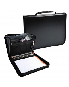 Converenziere Exafolder con maniglia e chiusura a zip. Dotato di uno spazio classificatore, buste a zip, scomparto imbotito per tablet, spazio per portapenne. Perfetto per prendere appunti, archiviare documenti forati nella parte raccoglitore o diversi do