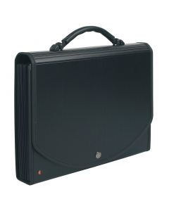 Cartella a valigetta in PPL riciclato con interno in PPL. Trasparente grigio. Tasti personalizzabili con etichette bianche. Maniglia ergonomica e pieghevole. Colore nero. Formato esterno: 33x26cm. 13 tasche.